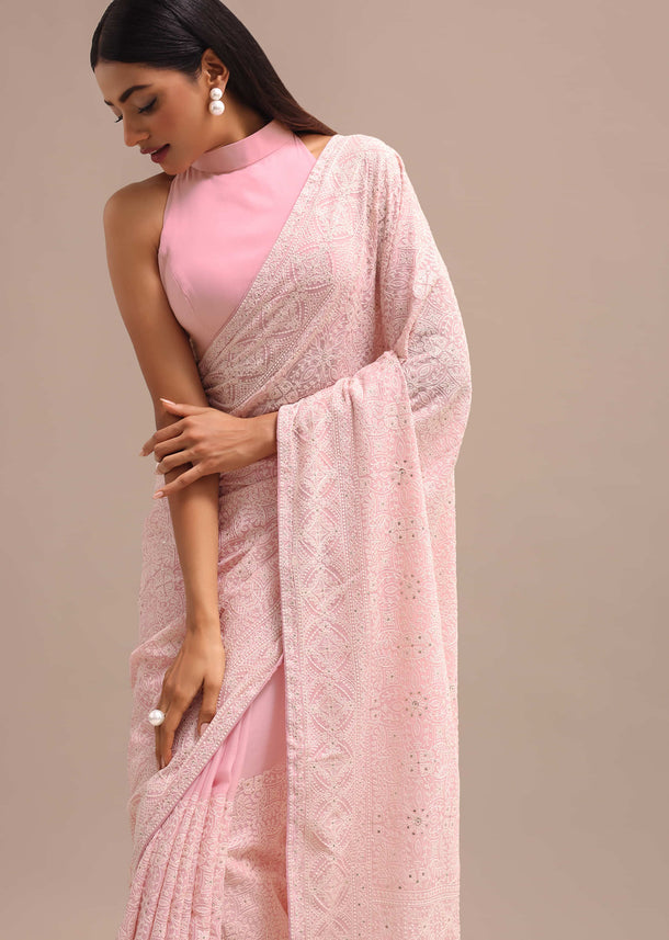 Baby Pink Georgette Chikankari Saree With Unstitched Blouse