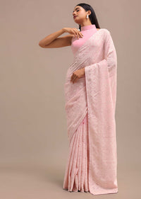 Baby Pink Georgette Chikankari Saree With Unstitched Blouse