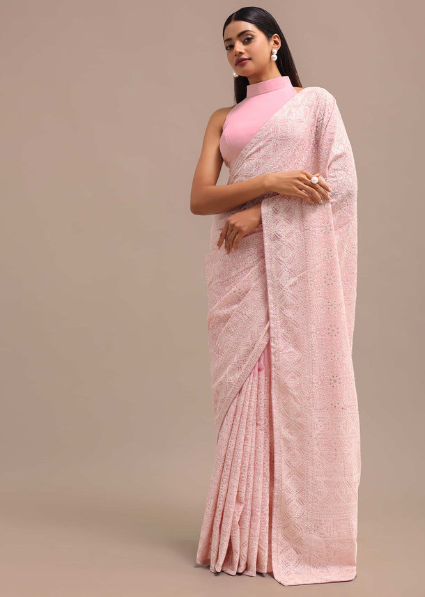 Baby Pink Georgette Chikankari Saree With Unstitched Blouse