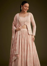 Baby Pink Georgette Lehenga Set With Lucknowi And Mirror Work