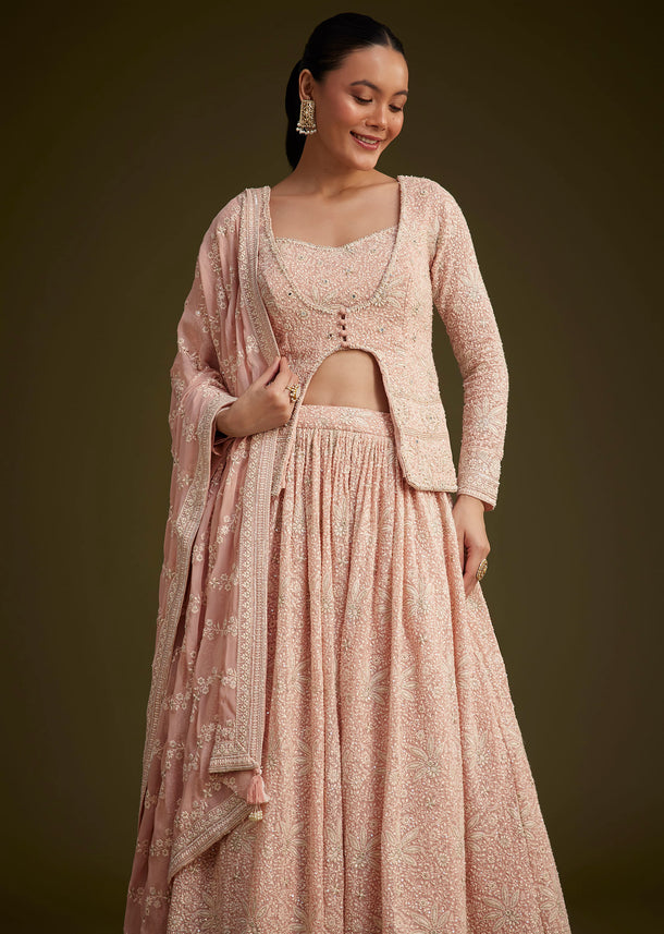 Baby Pink Georgette Lehenga Set With Lucknowi And Mirror Work