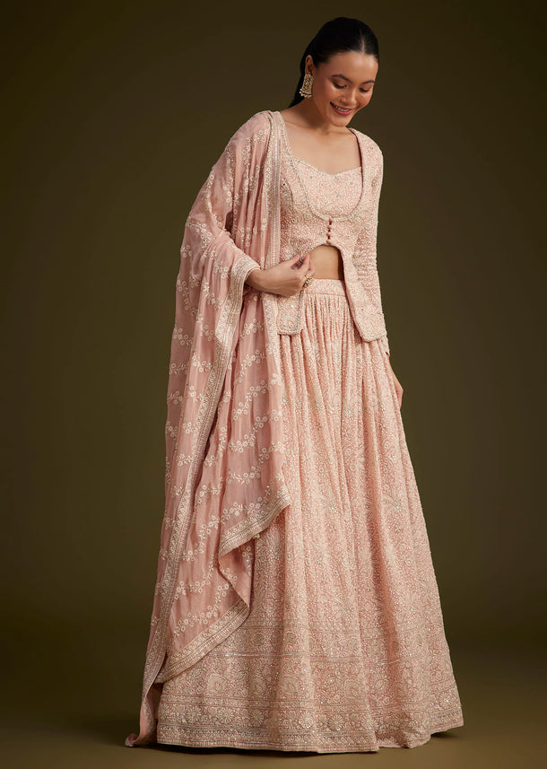 Baby Pink Georgette Lehenga Set With Lucknowi And Mirror Work