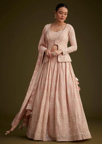 Baby Pink Georgette Lehenga Set With Lucknowi And Mirror Work