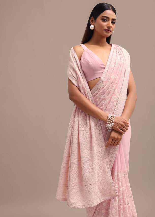 Baby Pink Georgette Parsi Gara Saree With Unstitched Blouse