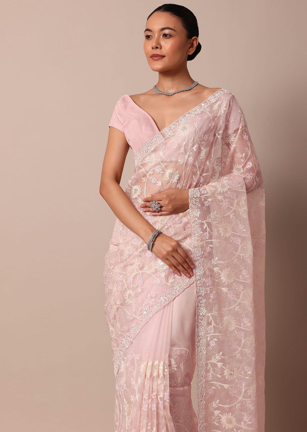 Baby Pink Organza Silk Saree With Scallop Border And Unstitched Blouse Fabric