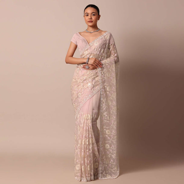 Baby Pink Organza Silk Saree With Scallop Border And Unstitched Blouse Fabric