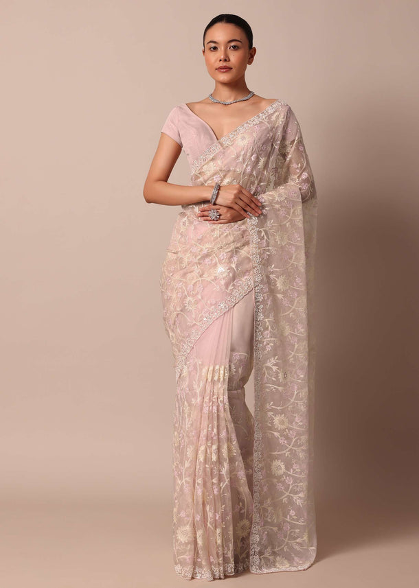 Baby Pink Organza Silk Saree With Scallop Border And Unstitched Blouse Fabric