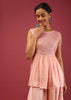Baby Pink Peplum Kurta And Cowl Dhoti Suit Set With Mirror Abla Embroidery