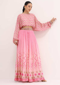 Baby Pink Printed Chiffon Crop Top And Skirt