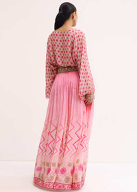 Baby Pink Printed Chiffon Crop Top And Skirt