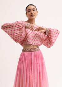 Baby Pink Printed Chiffon Crop Top And Skirt