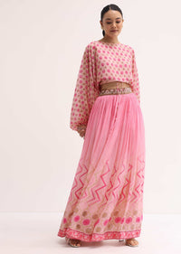 Baby Pink Printed Chiffon Crop Top And Skirt