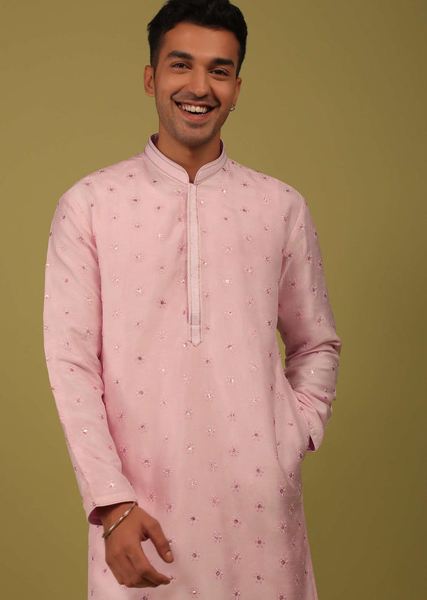 Petal Pink Printed Tussar Kurta Set With Sequins