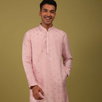 Petal Pink Printed Tussar Kurta Set With Sequins