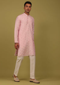 Petal Pink Printed Tussar Kurta Set With Sequins