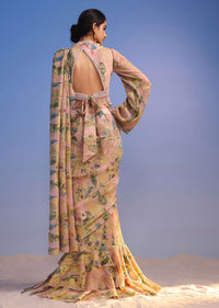 Baby Pink Ready-To-Wear Tiered Ruffle Saree With Floral Print