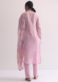 Baby Pink Resham Kurti Pant Set With Printed Dupatta