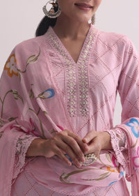 Baby Pink Resham Kurti Pant Set With Printed Dupatta