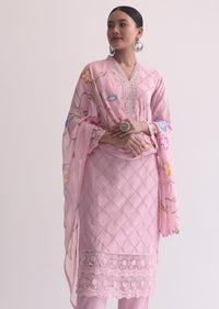 Baby Pink Resham Kurti Pant Set With Printed Dupatta