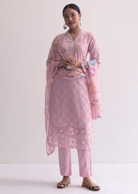 Baby Pink Resham Kurti Pant Set With Printed Dupatta