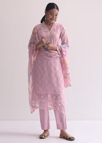 Baby Pink Resham Kurti Pant Set With Printed Dupatta