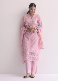 Baby Pink Resham Kurti Pant Set With Printed Dupatta