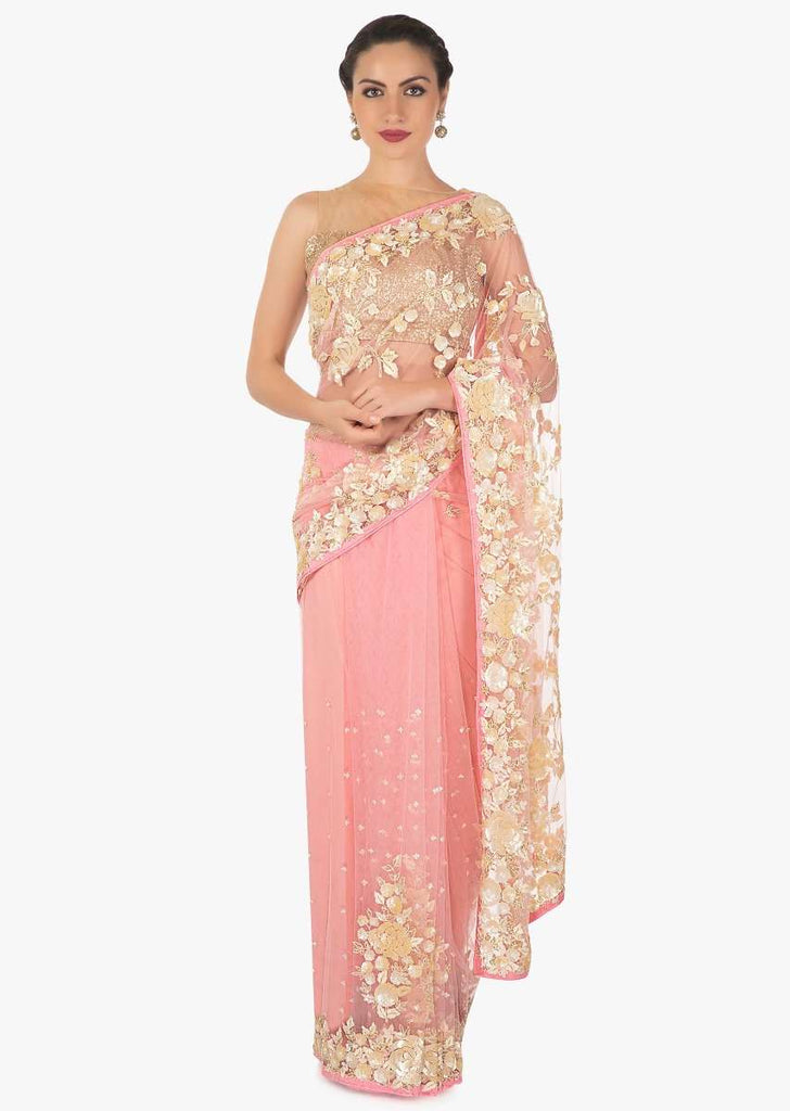 Baby pink saree in net with white sequin and resham embroidery only on Kalki