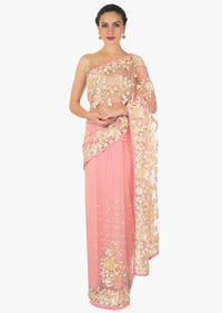 Baby pink saree in net with white sequin and resham embroidery only on Kalki