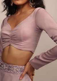 Baby Pink Satin Blouse With Sweetheart Neckline And Full Sleeves