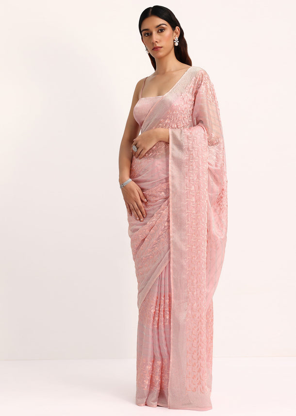 Baby Pink Satin Saree With Thread And Stone Embroidery And Unstitched Blouse