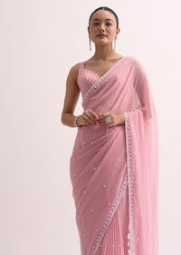 Baby Pink Sequin Saree With Unstitched Blouse