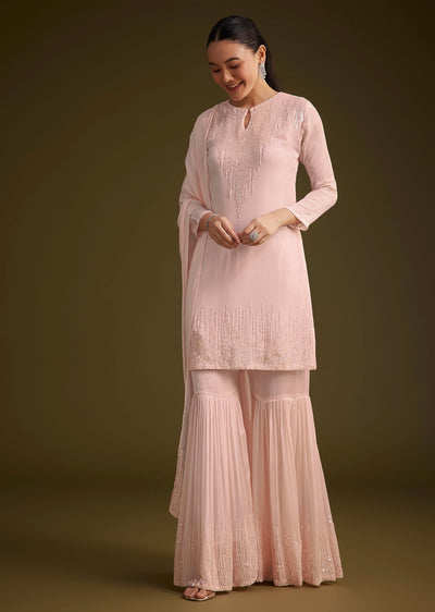 Baby Pink Sequined Chinon Sharara Set