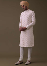 Baby Pink Sherwani Set In Silk With Moti And Sequins Work
