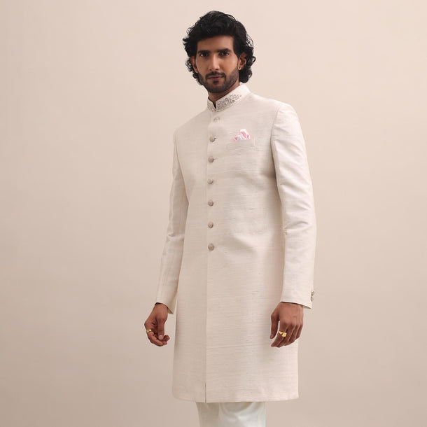 Baby Pink Sherwani With Cutdana Embroidered Collar For Men