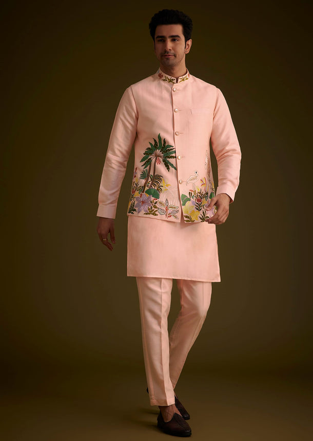 Baby Pink Silk Jacket Set With Nature Themed Patch Work