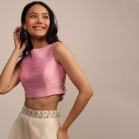 Baby Pink Sleeveless Blouse in silk With Boat Neckline