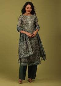 Balsam Green Printed Palazzo Suit In Chanderi With Embroidery