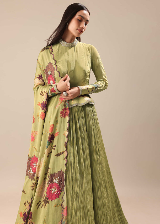 Bamboo Green Embroidered Kurta Skirt Set