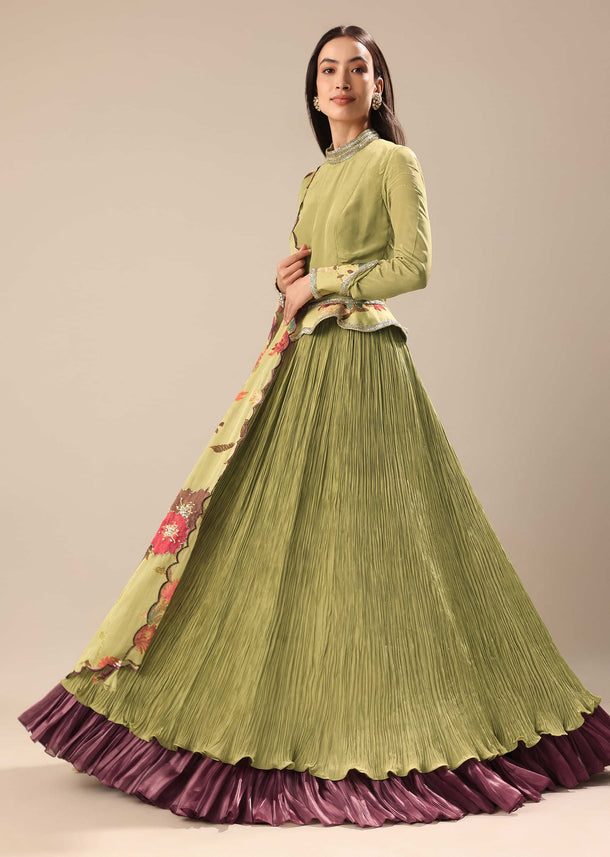 Bamboo Green Embroidered Kurta Skirt Set