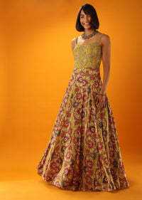 Bamboo Yellow Anarkali Dress In Silk With Floral Print And Moti Accented Bodice