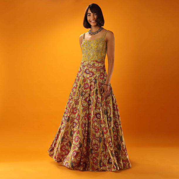 Bamboo Yellow Anarkali Dress In Silk With Floral Print And Moti Accented Bodice