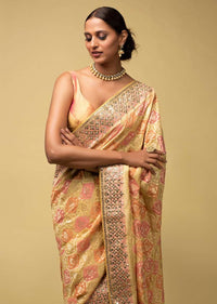 Banana Yellow Banarasi Saree In Georgette With Pink And Peach Design And Weaved Moroccan Jaal Online - Kalki Fashion