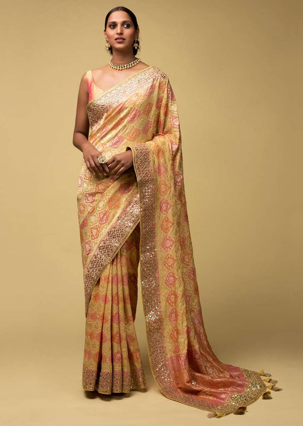 Banana Yellow Banarasi Saree In Georgette With Pink And Peach Design And Weaved Moroccan Jaal Online - Kalki Fashion