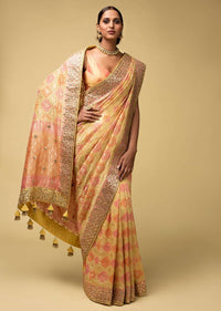 Banana Yellow Banarasi Saree In Georgette With Pink And Peach Design And Weaved Moroccan Jaal Online - Kalki Fashion