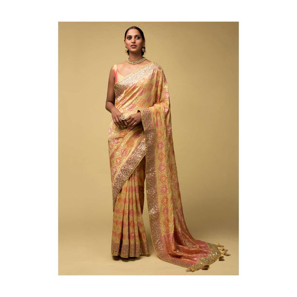 Banana Yellow Banarasi Saree In Georgette With Pink And Peach Design And Weaved Moroccan Jaal Online - Kalki Fashion