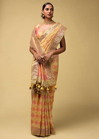 Banana Yellow Banarasi Saree In Georgette With Pink And Peach Design And Weaved Moroccan Jaal Online - Kalki Fashion