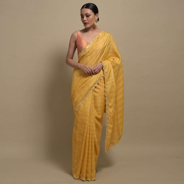 Banana Yellow Checks Saree With Mirror Embroidered Scallop Border Online Kalki Fashion