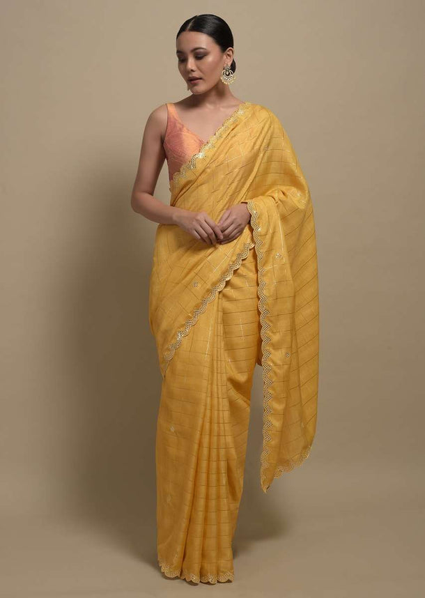 Banana Yellow Checks Saree With Mirror Embroidered Scallop Border Online Kalki Fashion