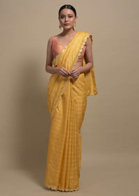 Banana Yellow Checks Saree With Mirror Embroidered Scallop Border Online Kalki Fashion