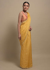 Banana Yellow Checks Saree With Mirror Embroidered Scallop Border Online Kalki Fashion